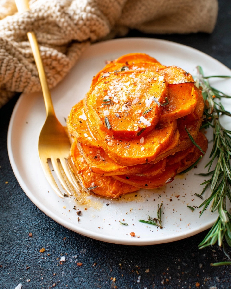 The image shows a stack of thin, orange slices of cooked sweet potato layered one over another on a white plate, with a golden fork resting on top. The sweet potato slices have a slightly crispy, browned surface with visible seasoning of coarse salt and black pepper scattered on and around them. On the right side of the plate, a small green sprig, likely rosemary, adds fresh color, while the plate sits on a dark textured surface with a beige knitted cloth in the top left corner. Photo taken with an iphone --ar 4:5 --v 7