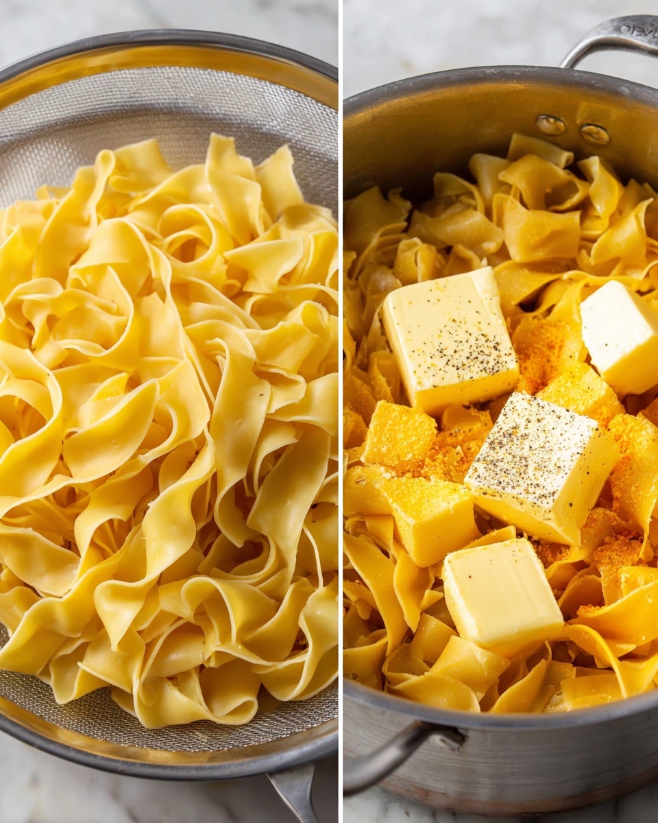 The image shows two side-by-side views of cooked wide egg noodles. On the left, a close-up of golden-yellow noodles with a soft, slightly curled texture fills a metal strainer. On the right, the noodles are inside a stainless steel pot with several chunks of bright yellow butter resting on top, sprinkled with black pepper and a light dusting of orange seasoning. The noodles have a thick, folded shape and the pot's inner measurement markings are visible. The background surface is a white marbled texture. photo taken with an iphone --ar 4:5 --v 7