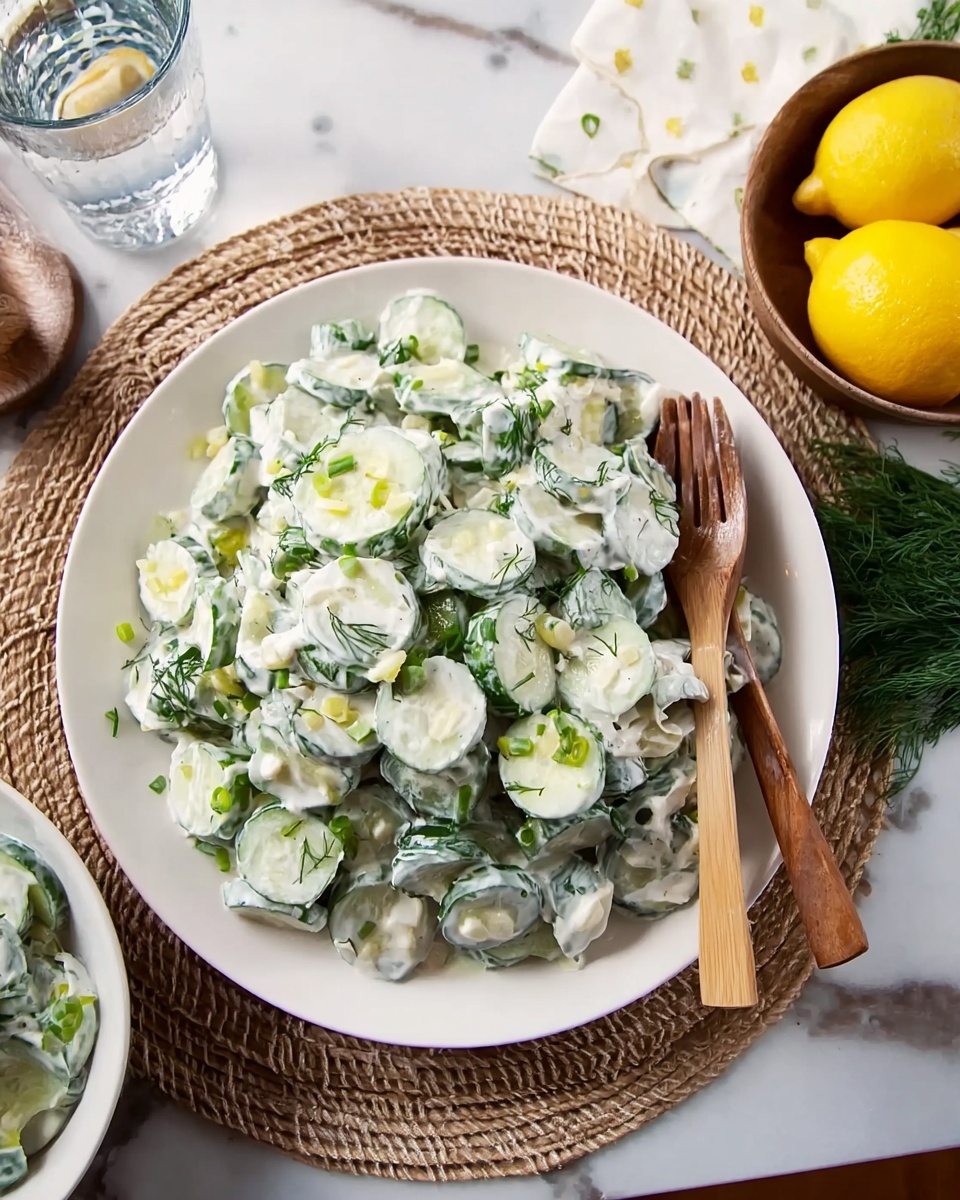 A white plate filled with a creamy cucumber salad sits on a light brown woven mat on a white marbled surface. The salad has thick slices of green cucumber mixed with white creamy dressing, small pieces of bright green herbs, and chopped scallions. Two wooden spoons rest on top of the salad, partially covered by the mixture. To the right of the plate is a small bowl of bright yellow lemons on the white marbled surface with some green dill. In the background, a glass of water with a right woman's hand holding a fork dipped in another white bowl with the same salad. photo taken with an iphone --ar 4:5 --v 7