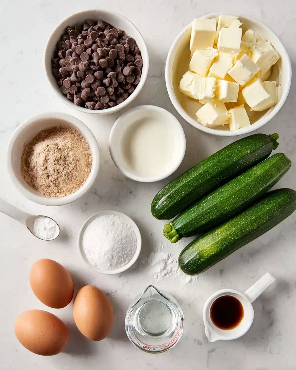 The image shows several white bowls and containers placed on a white marbled surface. One white bowl is filled with small chocolate chips, another holds chopped butter cubes that are pale yellow, and a third is filled with light brown sugar. There are three brown eggs and two fresh green zucchinis placed directly on the surface. A small white bowl contains a fine white powder, likely sugar, and a small white spoon rests on the surface near a heap of white granulated sugar. A small container holds a dark brown liquid, and another has a clear liquid, possibly vanilla extract and water. There is also a small glass measuring cup with a handle holding more clear liquid. photo taken with an iphone --ar 4:5 --v 7