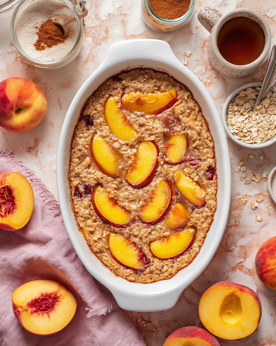 The image shows a white oval baking dish filled with a baked oatmeal dish. The top layer is golden brown with a soft texture, studded with bright yellow peach slices with red edges placed evenly across the surface. Small chunks of peach are mixed into the oatmeal, adding spots of darker red. The dish is placed on a surface with a white marbled texture, surrounded by bowls and jars containing ingredients like cinnamon powder, maple syrup, and oats, along with whole peaches. The overall scene has a warm and fresh feel with soft lighting. photo taken with an iphone --ar 4:5 --v 7