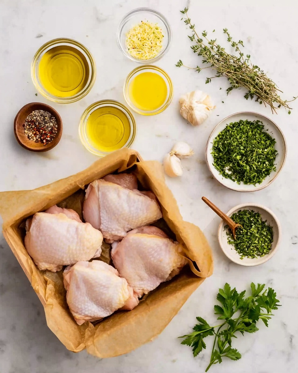 The image shows a wooden crate lined with brown parchment paper holding six raw chicken thigh pieces with pale pink skin, placed on the left side of a white marbled surface. Around the crate, there are small clear glass bowls filled with light yellow olive oil, clear lemon juice, grated yellow lemon zest, finely chopped white garlic, and dried herbs including oregano, black pepper, crushed red pepper flakes, and salt in a small brown bowl with a small wooden spoon. Additionally, two white bowls contain finely chopped fresh green parsley and thyme leaves. A few whole parsley sprigs lie next to the bowls on the right side. The setup is neat and colorful, creating a fresh and clean look, photo taken with an iphone --ar 4:5 --v 7