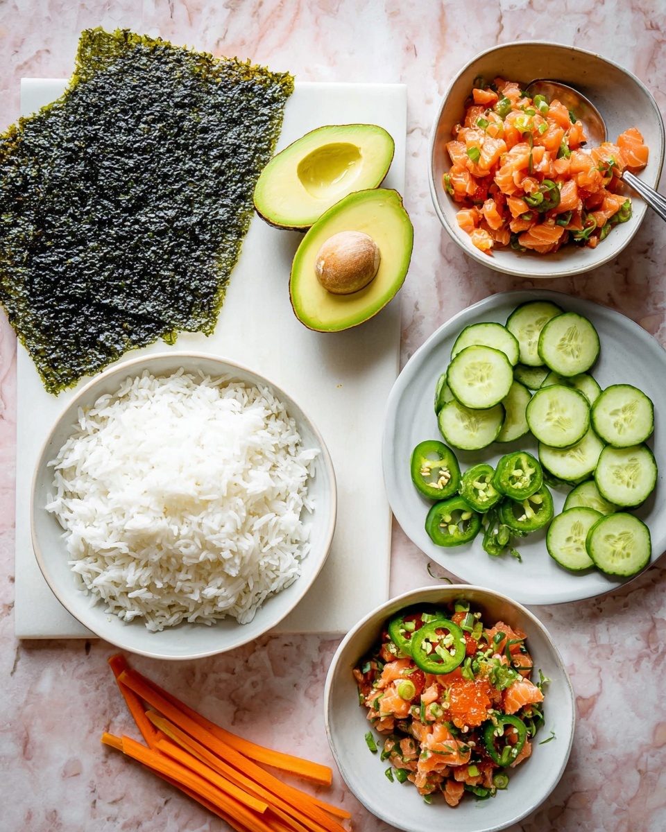 The image shows a white marbled board with several ingredients arranged around it. On the left side, there are two dark green dried seaweed sheets. Near the seaweed, there is a halved avocado with a bright green inside and brown seed in the middle. Below the avocado, a white bowl is filled with plain white rice. Above the avocado are thin green slices of cucumber stacked in a pile. Next to the cucumber are round slices of green jalapeño peppers with visible seeds. On the right side, a white bowl holds a mixture of chopped orange fish, possibly salmon, with green herbs mixed in and a silver spoon inside. Below the jalapeño slices, a bundle of thin orange carrot sticks is placed with two small slices of avocado nearby. The entire scene is set on a white marbled texture background. Photo taken with an iphone --ar 4:5 --v 7
