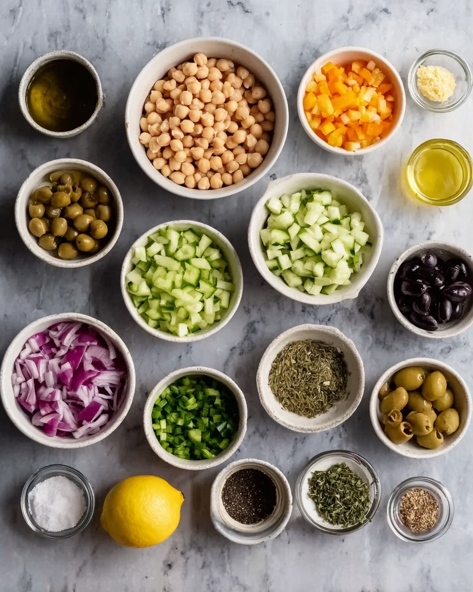 A flat lay photo showing 14 small white bowls arranged on a white marbled surface, each containing different chopped or whole ingredients. There are three large bowls with white beans, chickpeas, and diced orange peppers. Smaller bowls contain chopped cucumber, minced garlic, chopped onions, chopped red onions, sliced green pickles, black olives, a mix of herbs, mustard, ground black pepper, olive oil, and a salt bowl. A whole lemon is also placed on the surface, with a small glass of yellow liquid near the top center. photo taken with an iphone --ar 4:5 --v 7
