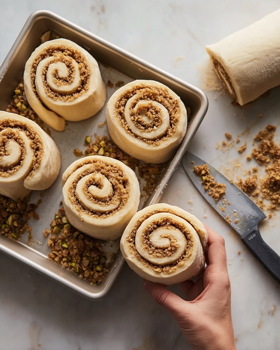 The image shows a woman's hand holding a raw cinnamon roll with visible layers. The roll has a light beige dough that wraps around a rough textured filling made of crushed nuts or brown sugar, forming a spiral pattern. Seven other cinnamon rolls with the same layered spiral are placed closely together in a silver metal baking tray. On the white marbled surface next to the tray lies the rest of the unrolled dough log, partially sliced at one end, with a large knife beside it. Crumbs are scattered around the rolls and knife. Photo taken with an iphone --ar 4:5 --v 7