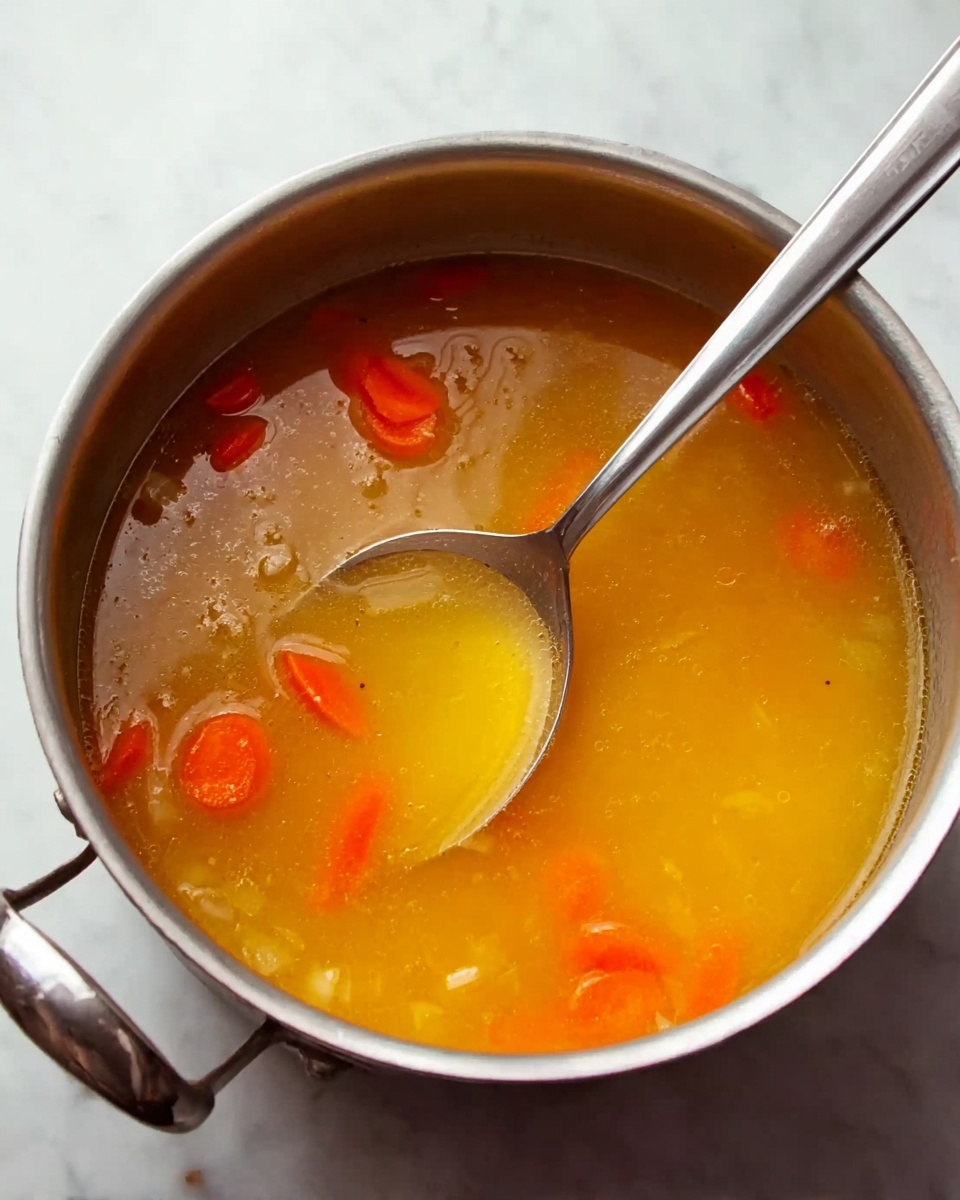 A silver metal pot filled with clear golden yellow broth with a bit of shine and small pieces of orange carrot slices floating inside. A silver metal spoon with a plain handle rests inside the pot, partially submerged in the soup. The pot is placed on a white marbled surface that softly reflects some light, showing small bits of onion inside the soup along with a smooth broth. photo taken with an iphone --ar 4:5 --v 7