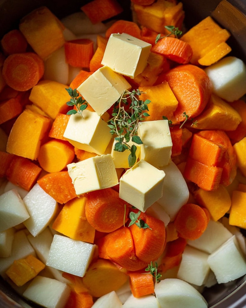 The image shows a pot filled with layers of chopped vegetables and butter cubes. The bottom layer is made of white and light cream pieces, with rough textures suggesting root vegetables. Orange chunks with smooth skins and bright colors sit on top, likely squash or sweet potato. Bright orange carrot slices are scattered throughout. On top of the vegetables are several pale yellow butter cubes showing a soft texture. A few small green herbs with delicate leaves lay across the center, adding a fresh touch. The overall colors are warm with a mix of orange, cream, and yellow hues. Photo taken with an iphone --ar 4:5 --v 7