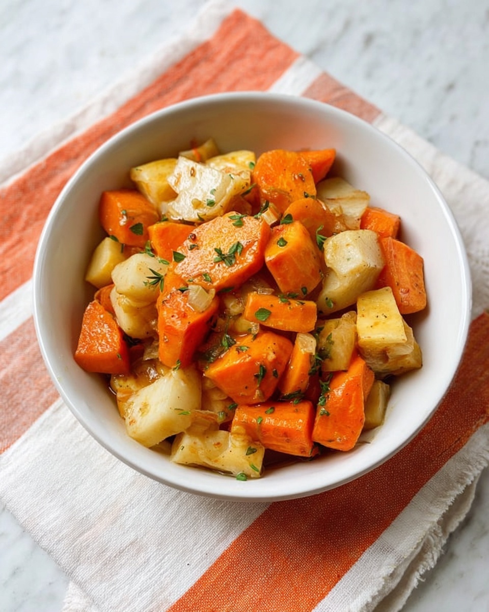 A white bowl filled with a mix of cooked vegetables, mainly orange carrots and light cream-colored root vegetables cut into small chunks. The vegetables look soft and slightly shiny, garnished with small green herb sprigs scattered on top. The bowl sits on a white cloth with wide orange stripes, placed on a white marbled surface. photo taken with an iphone --ar 4:5 --v 7