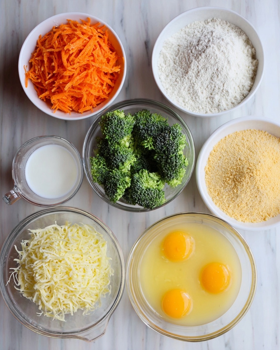 The image shows six bowls arranged on a white marbled surface. On the top left, a white bowl holds grated orange carrots and small green broccoli florets side by side. On the top right, a white bowl contains three piles of flour, cornmeal, and another light brown powder. Below these, there are three glass bowls: the left one has shredded white and yellow cheese, the center one holds melted yellow butter, and the right one contains two raw eggs with yellow yolks visible. A measuring cup with white liquid is placed at the bottom near the glass bowls. Photo taken with an iphone --ar 4:5 --v 7