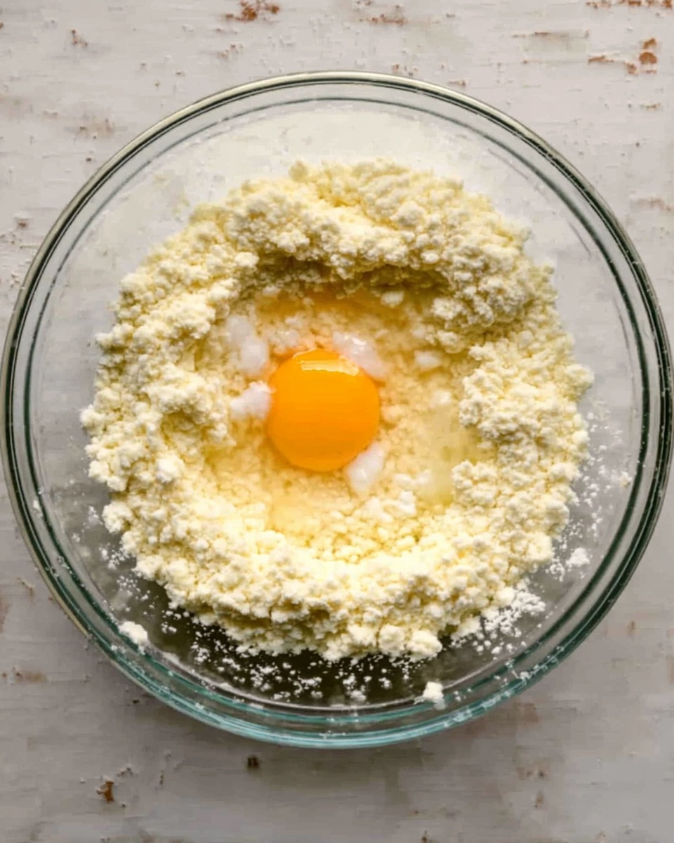 A clear glass bowl sits on a white marbled surface, filled with a crumbly white mixture that covers the bottom and rises to the sides. In the center, there is a single raw egg yolk surrounded by a small amount of egg white, sitting on top of the crumbly texture. Photo taken with an iphone --ar 4:5 --v 7