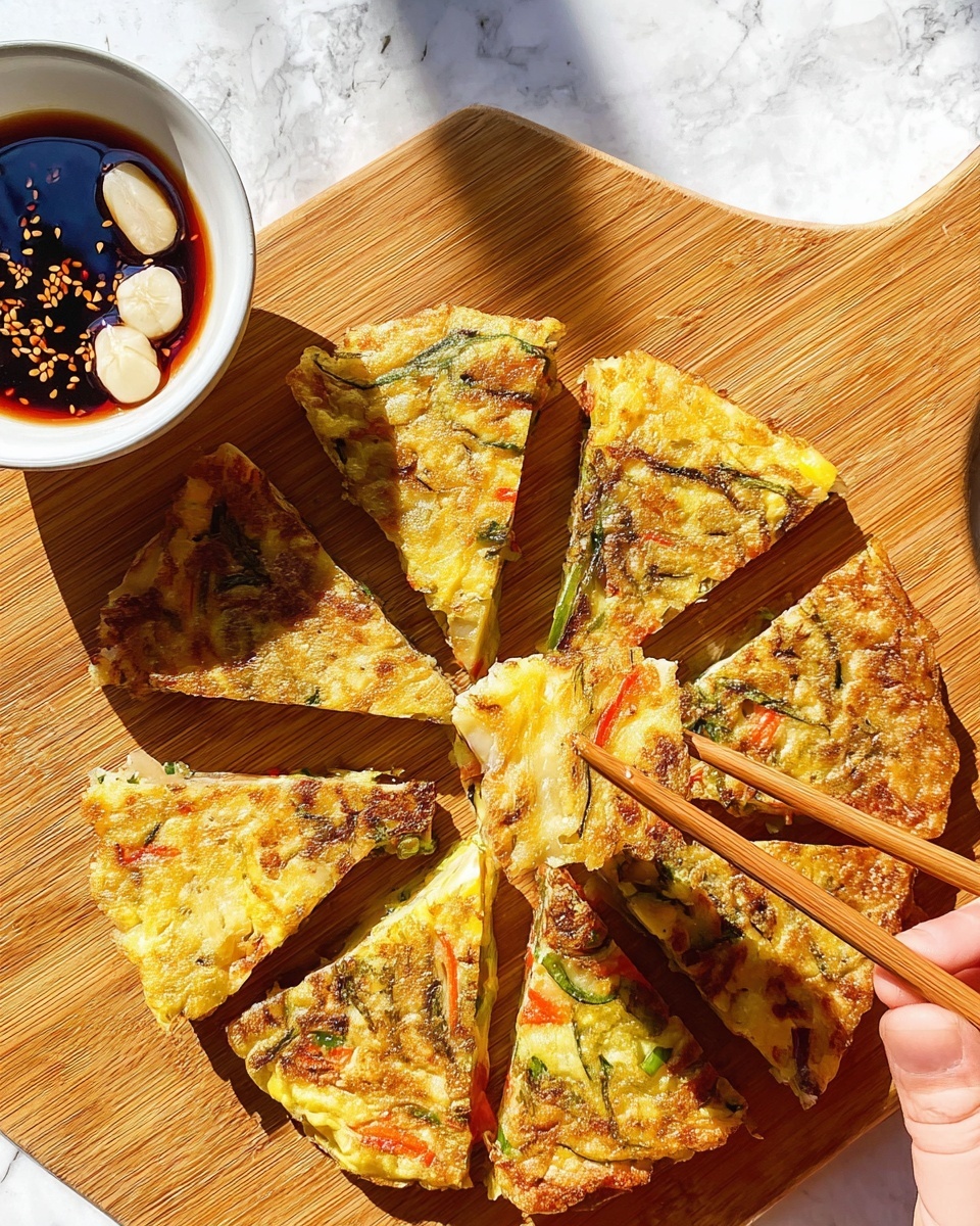 The image shows a crispy pancake cut into eight triangular slices arranged in a circle on a wooden board. The pancake has a golden brown color with bits of green vegetables and thin orange strips inside, giving it a textured look. A pair of wooden chopsticks held by a woman's hand is lifting one slice, showing its light and slightly fluffy inside with visible vegetable pieces. In the upper left corner, there's a white bowl filled with a dark soy-based dipping sauce containing sesame seeds and small white chunks. The scene is set on a white marbled surface with bright natural light shining on the pancake, creating soft shadows. photo taken with an iphone --ar 4:5 --v 7