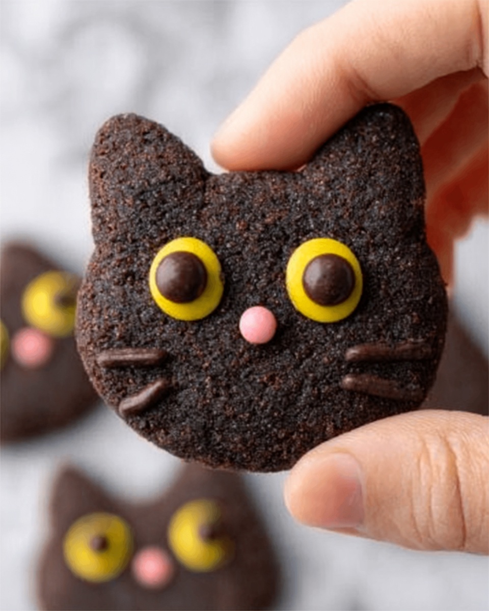 The image shows a close-up of a dark brown cookie shaped like a cat’s face with small triangular ears and big round eyes made from yellow and dark chocolate pieces, and a small pink nose in the center. A woman’s hand is gently holding the cookie at its sides with white marbled texture in the background. Another similar cookie is blurred in the background. The cookie has a textured surface that looks slightly bumpy and crumbly. Photo taken with an iphone --ar 4:5 --v 7