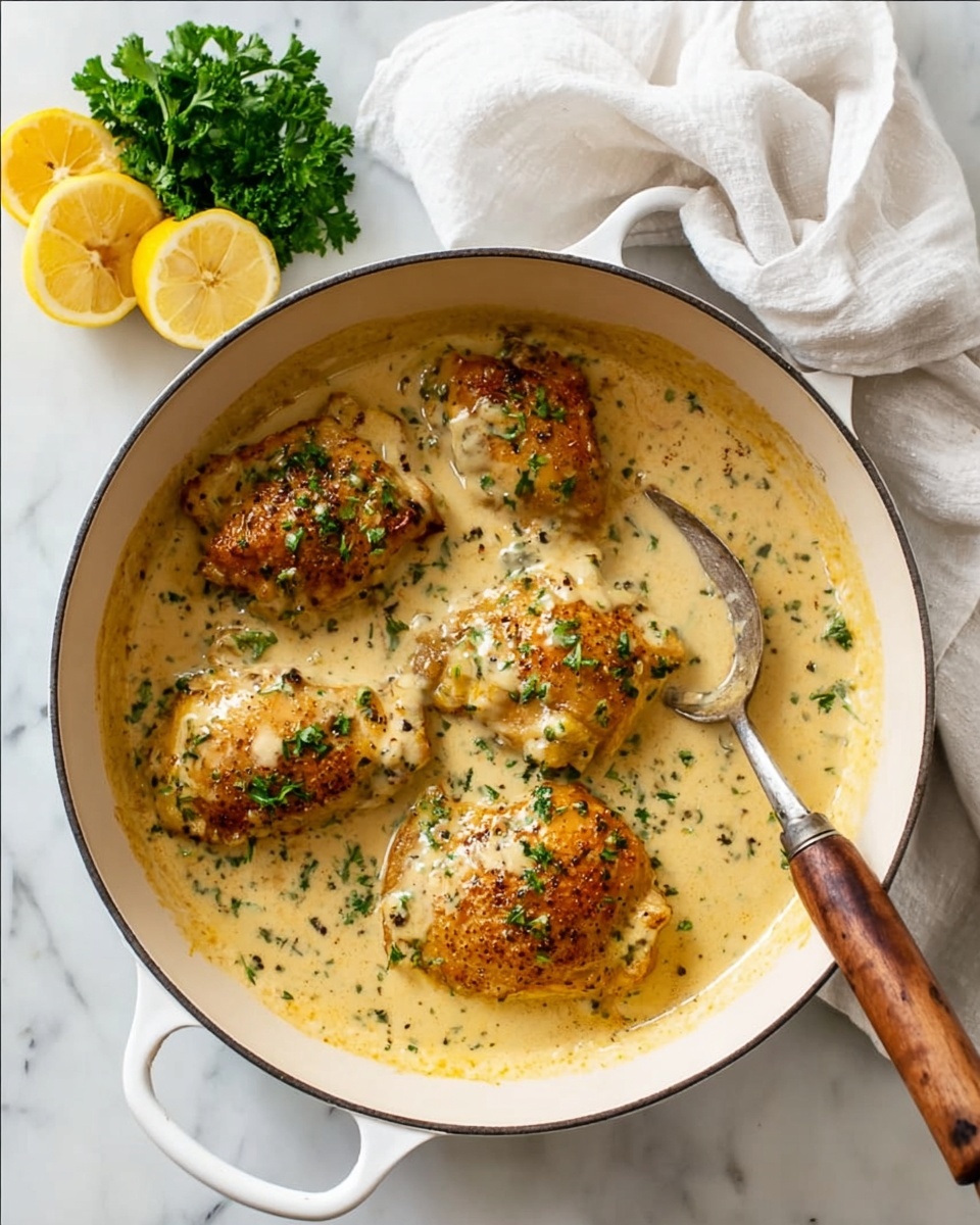 A white pan with two handles holds five browned chicken pieces covered in a thick creamy sauce speckled with herbs. The sauce is pale yellow and smooth, coating the chicken evenly and pooling around it. Small green herb bits are sprinkled on top, adding color contrast. A metal spoon with a wooden handle rests inside the pan, partially submerged in the sauce. To the side, fresh green parsley and two lemon wedges sit on a white marbled surface with a white cloth draped loosely nearby. Photo taken with an iphone --ar 4:5 --v 7