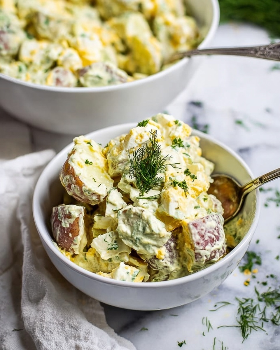 A white bowl filled with a creamy potato salad showing about three layers: at the bottom are pieces of potato with skin still on, cut in halves and quarters, coated in a thick pale yellow dressing; the middle layer has more chunks of potato mixed with small pieces of boiled eggs; the top layer is sprinkled with finely chopped green herbs and a small sprig of fresh dill. The bowl sits on a white marbled surface next to a larger white bowl of the same salad, and a silver spoon is placed inside the smaller bowl. A white cloth is under the bowls, and some herbs are scattered on the surface around them. photo taken with an iphone --ar 4:5 --v 7