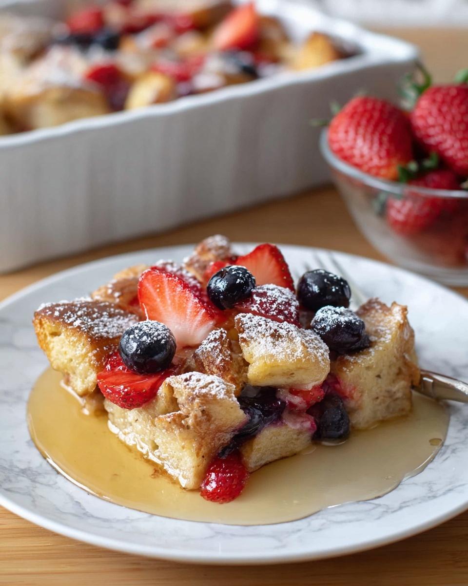 A white plate holds one serving of a bread pudding slice topped with fresh strawberries and blueberries. The dish has multiple layers of golden-brown bread pieces, soft and slightly crispy on edges, with bright red strawberry slices and plump dark blueberries spread evenly on the top. The whole slice is dusted lightly with powdered sugar, and a light amber syrup pools around the base, giving a shiny, moist look. In the background, a white casserole dish filled with the same bread pudding can be seen on a white marbled surface, along with a glass bowl containing fresh strawberries. Photo taken with an iphone --ar 4:5 --v 7