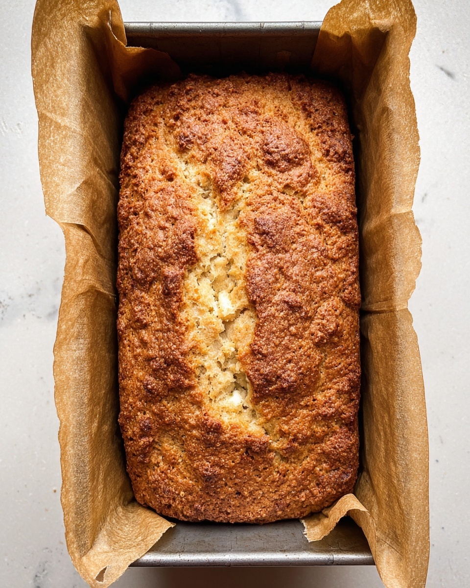 A single loaf of golden brown bread with a rough, crumbly crust sits in a metal rectangular baking pan lined with brown parchment paper on both sides. The top of the bread shows an uneven texture with small pockets of lighter, creamy spots peeking through the crunchy surface. The loaf has a slightly cracked line running down its center, revealing a soft inside beneath the crunchy crust. The pan rests on a white marbled surface. photo taken with an iphone --ar 4:5 --v 7