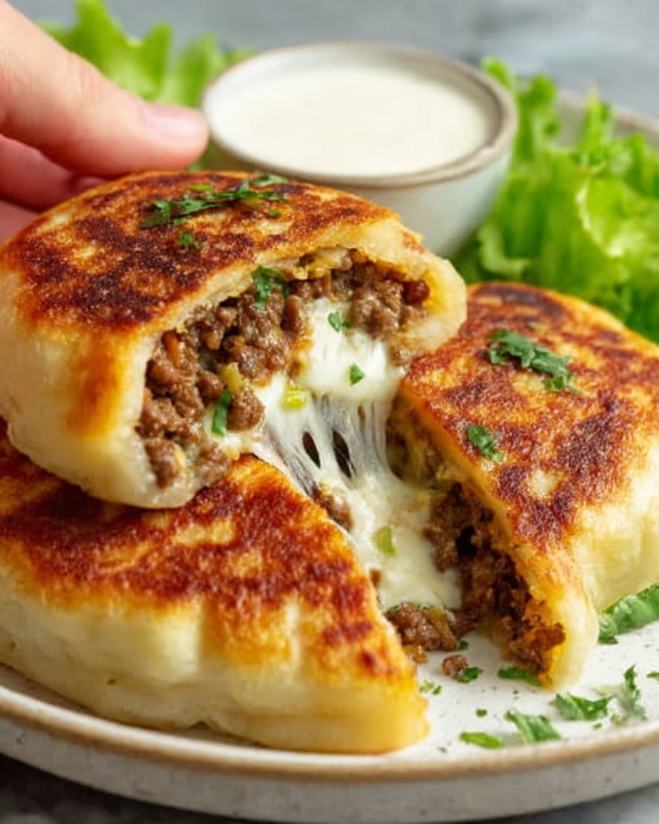 A woman's hand is holding a thick, round stuffed bread that is torn open to show layers inside. The outer layer is golden brown with some darker toasted spots and a soft doughy texture. Inside, there is a layer of melted white cheese stretching in strings and mixed with finely ground cooked brown meat. Below the torn bread, there is a whole round stuffed bread with a similar golden crust and bits of green herbs sprinkled on top. The bread and toppings rest on a white plate with some shredded pale green lettuce on the side and a small white bowl filled with ground brown meat in the background, all on a white marbled surface. photo taken with an iphone --ar 4:5 --v 7