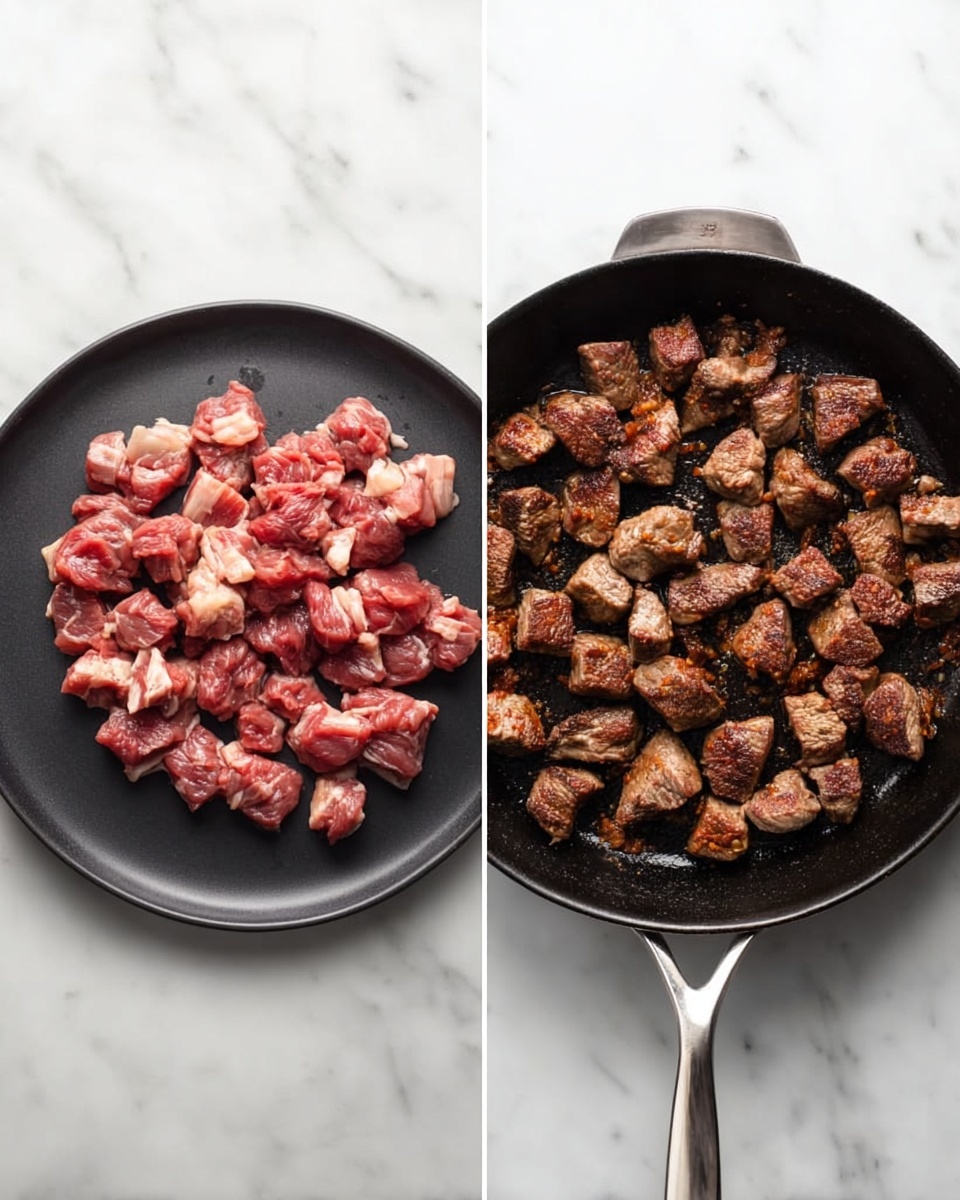 The image shows two side-by-side views of raw and cooked meat. On the left side, there is a pile of small, raw meat chunks, pinkish-red with some white fat, placed on a smooth black round plate on a white marbled surface. On the right side, the cooked meat pieces are browned and seared, sitting evenly spread inside a black cast iron pan with a silver handle, also on the white marbled surface. The cooked meat has a rich brown color with textures showing slight crispiness on each piece. Photo taken with an iphone --ar 4:5 --v 7
