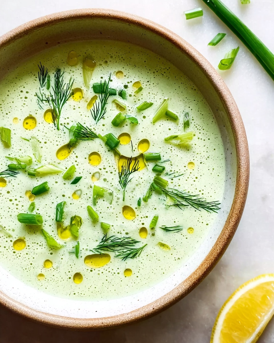 The image shows a bowl filled with a creamy, pale green soup. The soup is smooth with small bubbles on the surface, topped with bright green chopped scallions and fresh dill sprigs placed evenly. Golden drops of oil are drizzled over the top, reflecting light softly. The bowl is white with a slightly uneven rim and placed on a white marbled surface. A wedge of lemon is visible on the side and a few pieces of scallion are scattered around the bowl. photo taken with an iphone --ar 4:5 --v 7