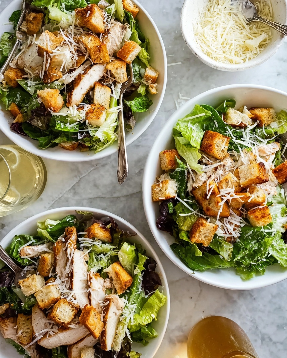Three white bowls filled with a fresh salad are placed on a white marbled surface. Each bowl contains layers starting with dark and light green leafy lettuce as the base, topped with golden-brown toasted bread cubes spread evenly. On top, there are slices of grilled white meat with visible grill marks, scattered throughout. The salad is finished with a light sprinkle of shredded white cheese on top, adding a delicate texture. Nearby, a small white bowl holds more shredded cheese, and a glass with a light yellow drink is partially visible. The scene includes metal forks resting near the bowls and a bottle being poured in from the lower edge. photo taken with an iphone --ar 4:5 --v 7