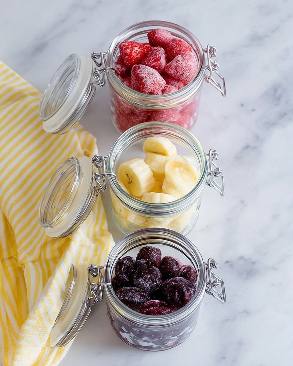 Three glass jars with hinged lids are placed in a vertical row on a white marbled surface. The top jar holds bright red frozen strawberries that have a frosty texture. The middle jar contains pale yellow banana slices with soft, smooth surfaces. The bottom jar is filled with dark purple frozen berries that appear slightly frosted, with a few berries spilled on the surface nearby. To the left side of the jars is a yellow and white striped cloth. The overall lighting is soft and bright, creating a fresh and clean look. photo taken with an iphone --ar 4:5 --v 7