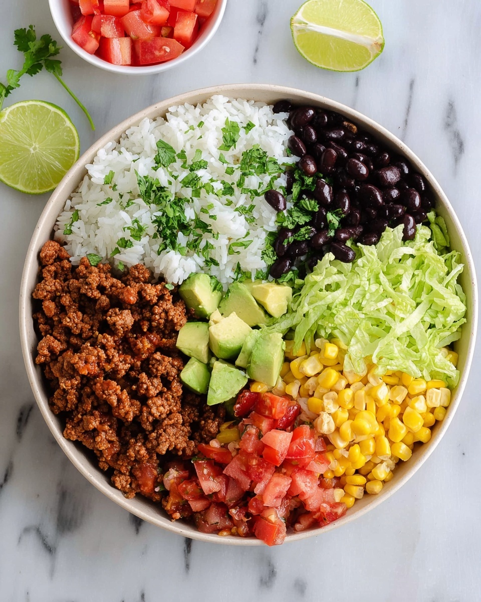 A round white bowl filled with seven distinct layers arranged side by side: fluffy white rice topped with chopped green herbs at the top left, dark black beans at the top right, shredded light green lettuce to the right, bright yellow corn at the bottom right, seasoned ground meat with a reddish brown color at the bottom left, chunky red tomato pieces left-center, and diced pale green avocado in the center. The bowl is placed on a white marbled surface with a small white bowl of diced tomatoes and lime wedges around it. Photo taken with an iphone --ar 4:5 --v 7