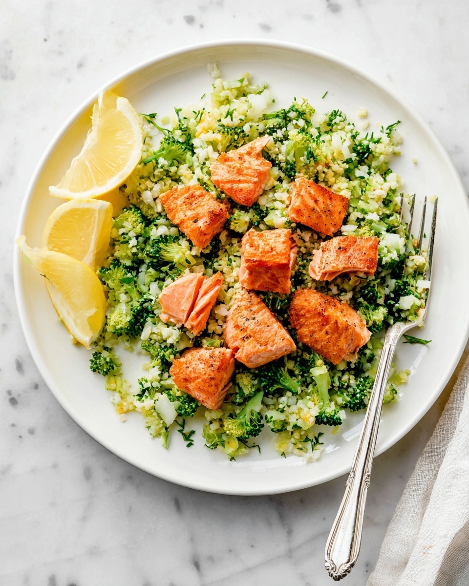 On a white plate placed on a white marbled surface, there is a bed of finely chopped green broccoli and cauliflower rice forming the bottom layer. On top, there are several small, evenly cooked orange salmon pieces with a slightly crispy texture, scattered in the center. To the left side of the plate, two lemon wedges add a bright yellow accent. A silver fork rests on the right side of the plate, touching the broccoli and salmon layer. Photo taken with an iphone --ar 4:5 --v 7