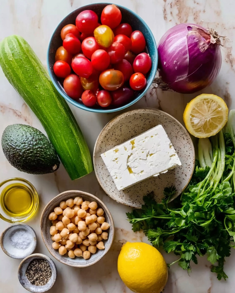 The image shows fresh ingredients arranged on a white marbled surface: a bowl filled with small bright red cherry tomatoes, a whole purple-red onion, a long green cucumber placed diagonally, a block of white feta cheese on a white plate, a bowl full of light beige chickpeas, a bunch of green parsley, a ripe avocado, a whole yellow lemon, a small glass of golden olive oil, and a small bowl with coarse salt and black pepper. The colors are vibrant and natural, creating a fresh and inviting look. photo taken with an iphone --ar 4:5 --v 7