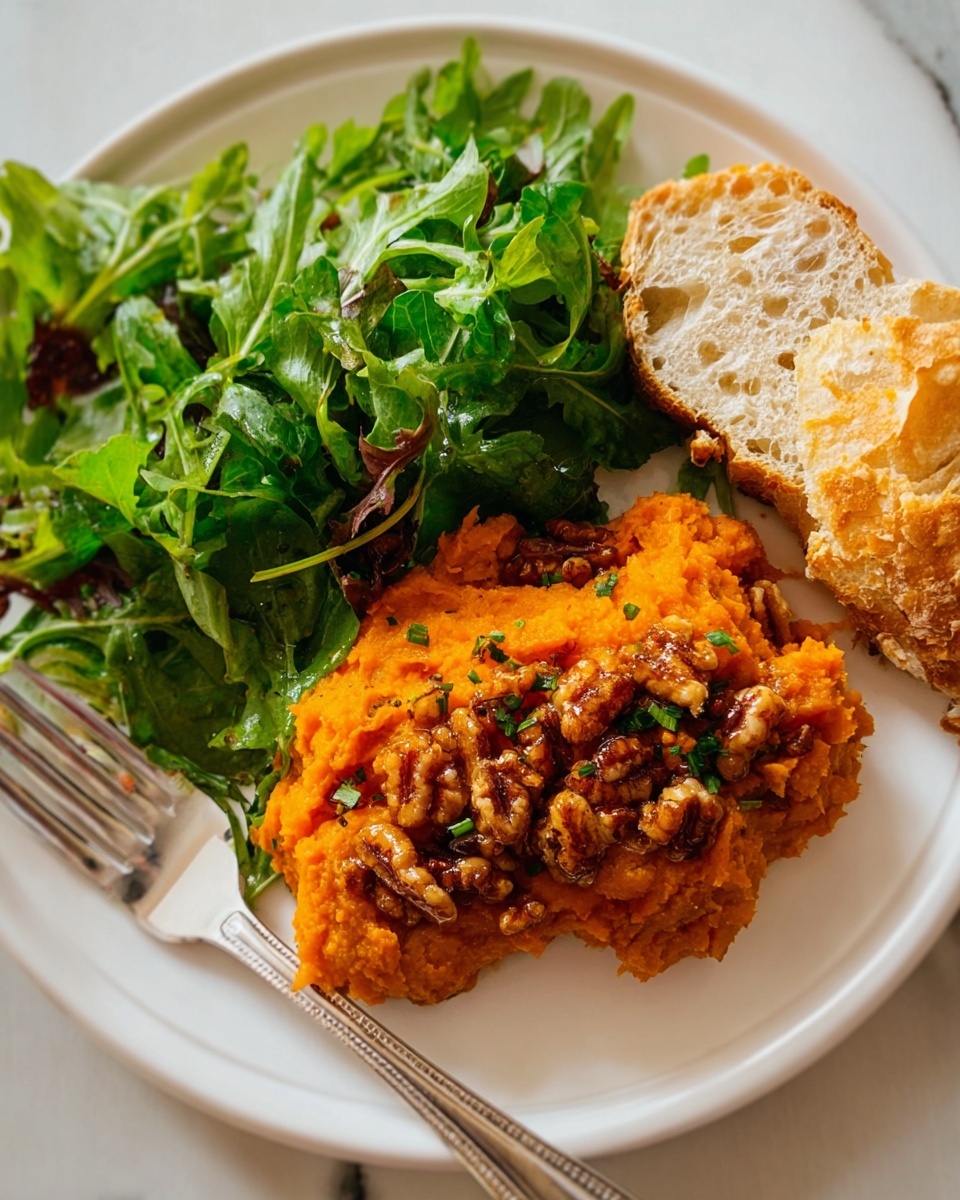 A white plate holds three main parts: a large scoop of bright orange mashed sweet potatoes topped with a layer of crunchy brown chopped nuts and herbs, a fresh pile of mixed green leafy salad with a light vinaigrette, and a piece of crusty, airy bread with a golden-brown crust and soft inside. A silver fork rests beside the mashed sweet potatoes, all set on a white marbled surface. Photo taken with an iphone --ar 4:5 --v 7