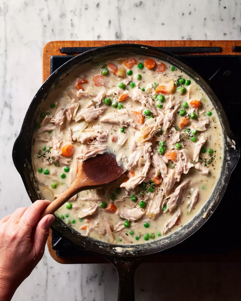 A black cast iron pan filled with a creamy white sauce containing shredded light brown meat, green peas, and sliced orange carrots, being stirred by a wooden spoon held by a woman's hand. The pan is set on a black stove, and the background is a white marbled texture. photo taken with an iphone --ar 4:5 --v 7