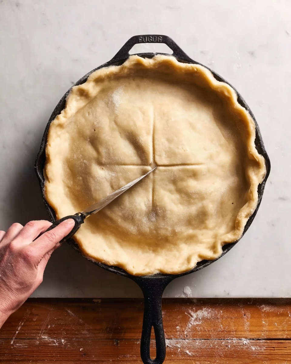 A black cast iron pan is filled with a golden beige pie crust covering the top fully, with the edges folded slightly over the pan rim. The crust is smooth with a few small air bubbles and a shallow cross-shaped cut in the center. A woman's hand on the left side is holding a thin knife, poised just above the crust as if about to slice. The pan is on a wooden surface, changed to a white marbled texture. photo taken with an iphone --ar 4:5 --v 7
