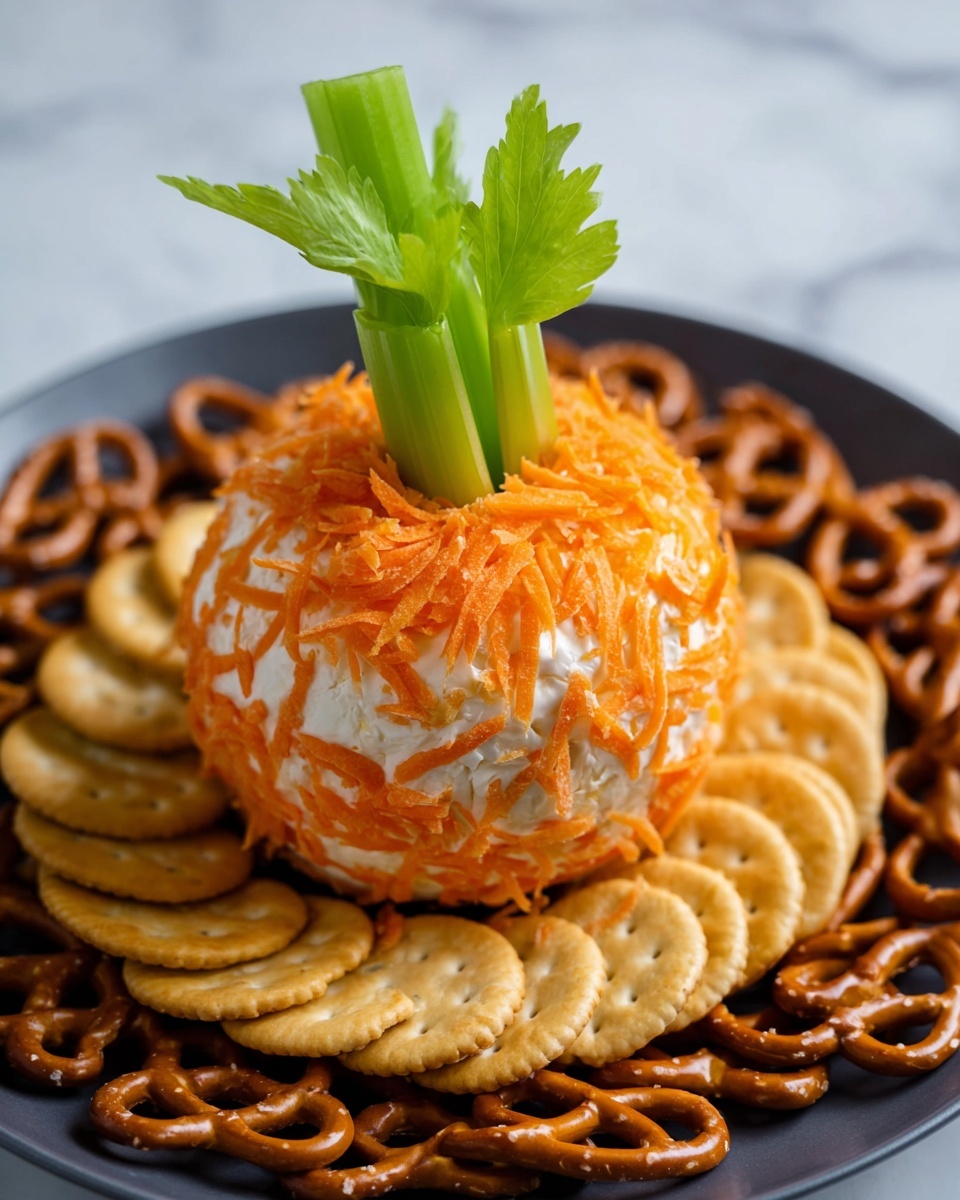 The dish features a round mound of white creamy cheese spread covered with a layer of bright orange shredded carrots. A thick, upright green celery stick is placed in the center of the cheese ball, sticking out vertically. Surrounding the cheese ball on a white plate is an arrangement of light golden round crackers and darker brown pretzels, creating a circular border around the cheese. The whole setup rests on a white marbled surface. photo taken with an iphone --ar 4:5 --v 7