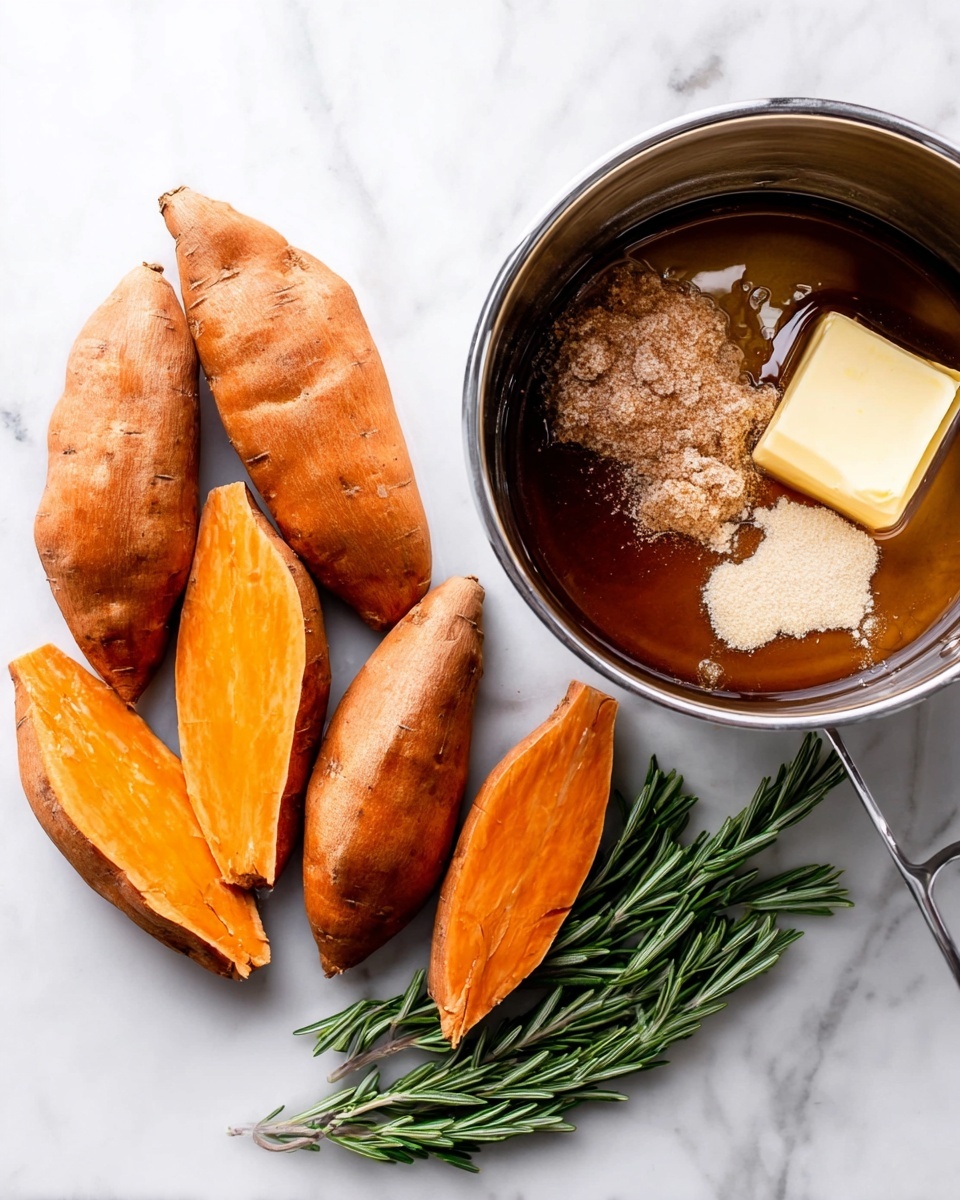 The image is split into two halves on a white marbled surface. On the left side, there are six peeled sweet potatoes stacked in two slightly uneven rows, showing their soft orange texture and pointed ends. On the right side, there is a metal pot with several ingredients inside including a square piece of butter, granulated brown sugar, and some syrup drizzled over the top. Next to the pot, a sprig of green rosemary rests on the surface. The colors are warm with orange, brown, and green tones against the clean white background. photo taken with an iphone --ar 4:5 --v 7