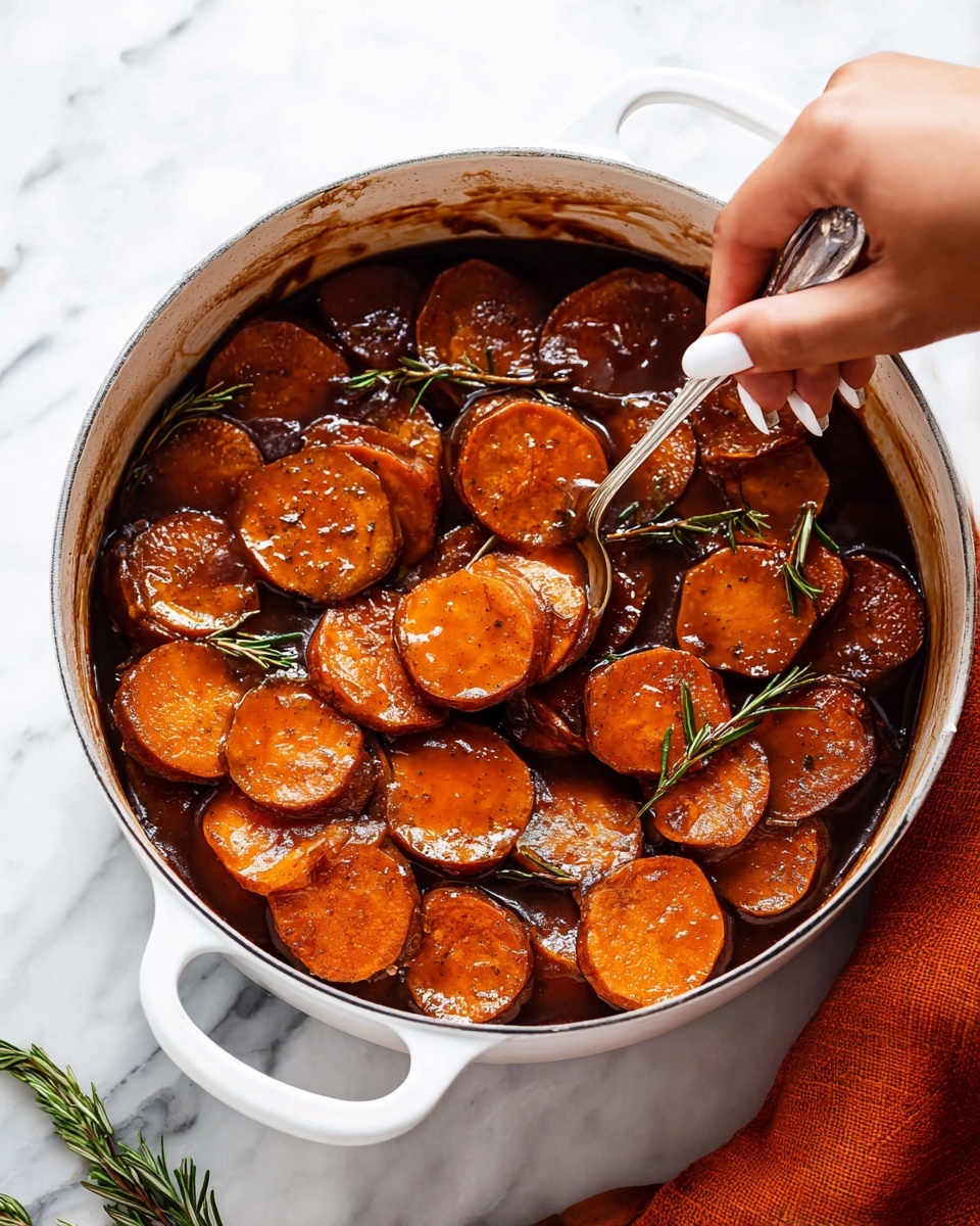 A white pot filled with multiple layers of glossy, cooked sweet potato slices in deep brown syrupy sauce, some slices stacked and some floating, garnished with a few fresh rosemary sprigs scattered on top. A silver spoon, held by a woman's hand with white painted nails, lifts a few sweet potato slices from the pot. The pot sits on a white marbled surface with a small orange cloth on the side. Photo taken with an iphone --ar 4:5 --v 7