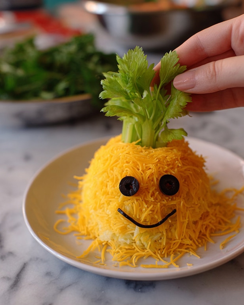 A small mound shaped like a round dome covered fully with yellow shredded cheese sits on a white plate. On the front of the dome, there is a simple face made with black olive slices: two round olive slices for eyes, a small olive piece for a nose, and a curved line made with sliced olives for a mouth. On top of the dome, green celery leaves and a small stalk stand upright like a crown, held by a woman's hand placing them carefully. The plate rests on a white marbled surface, and in the background, there is a blurred silver bowl and some parsley leaves. photo taken with an iphone --ar 4:5 --v 7