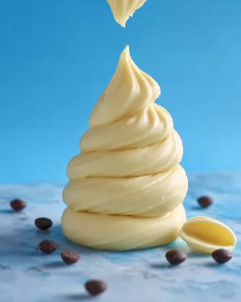 A swirl of light yellow batter is being piped onto a flat, bright blue surface, forming three thick, smooth layers stacked in a cone shape. Around the batter swirl, small round dark brown chocolate chips and two half-moon shaped chocolates are scattered on the surface. The image has a clean, simple look with a strong contrast between the yellow batter and blue background, all set on a white marbled texture. photo taken with an iphone --ar 4:5 --v 7
