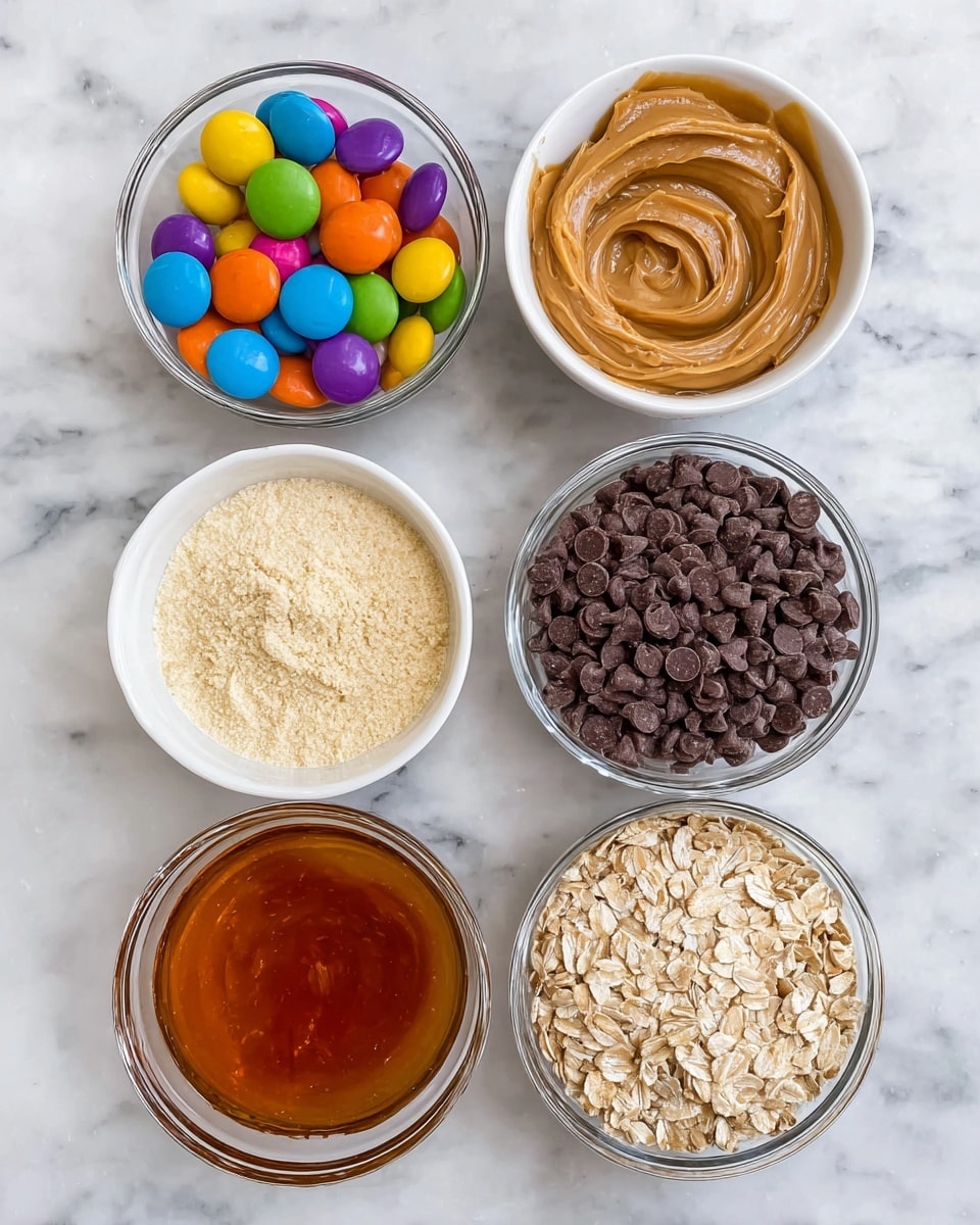 Top view of six bowls with different ingredients on a white marbled surface, arranged in two columns, three rows. The top left bowl is clear glass filled with colorful round candy pieces in purple, orange, blue, yellow, green, and pink. The top right bowl is white, filled with smooth, light brown peanut butter with swirls on the surface. The middle left bowl is white, filled with fine, pale yellow powder. The middle right bowl is clear glass, filled fully with small, dark brown chocolate chips. The bottom left bowl is clear glass, filled with glossy, amber-colored honey. The bottom right bowl is white, filled with light tan rolled oats. photo taken with an iphone --ar 4:5 --v 7
