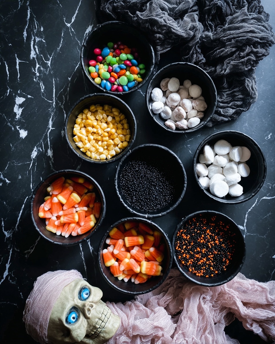 Seven black paper cups are placed on a dark surface with white veins. The cups hold different small items: the top cup has colorful candy-coated chocolate pieces, below it on the left are yellow corn kernels, and on the right white candy eyes. In the middle is a cup with black sprinkles. Below to the left is a cup with white candy discs, and below to the right another cup has a mix of black and orange sprinkles. In the bottom left cup are orange candy-coated chocolates. A small plastic skull is near the cups at the bottom center. To the right is a creepy doll with a pale face and blue eyes wrapped in pinkish cloth. The photo taken with an iphone --ar 4:5 --v 7