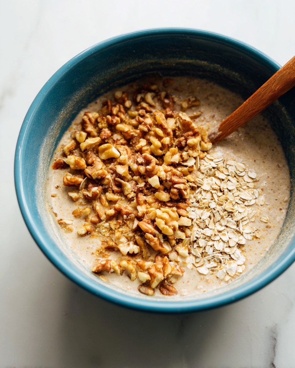 A close-up of a blue bowl filled with a beige-colored oatmeal mixture, topped with a generous layer of golden-brown chopped walnuts and light brown rolled oats concentrated on the right side, while the left side shows the smooth oatmeal base. A wooden spoon partially rests inside the bowl at the bottom left, and the bowl is placed on a white marbled surface. The edges of the bowl show some oatmeal residue, adding texture to the scene photo taken with an iphone --ar 4:5 --v 7