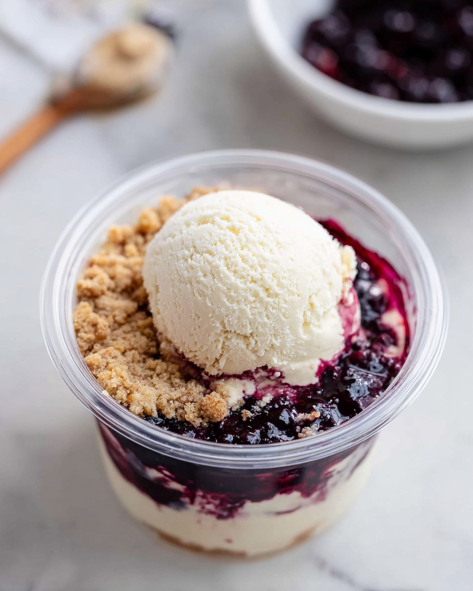 A clear round plastic container holds a dessert with three visible layers: the bottom layer is creamy white, the middle layer is dark purple berry sauce, and the top layer is a crumbly light brown topping. On top of everything sits a single scoop of smooth, white ice cream, slightly textured, positioned in the center. The container is placed on a white marbled surface with a slightly blurred background, showing a woman's hand holding a utensil near a bowl of dark berries. Photo taken with an iphone --ar 4:5 --v 7