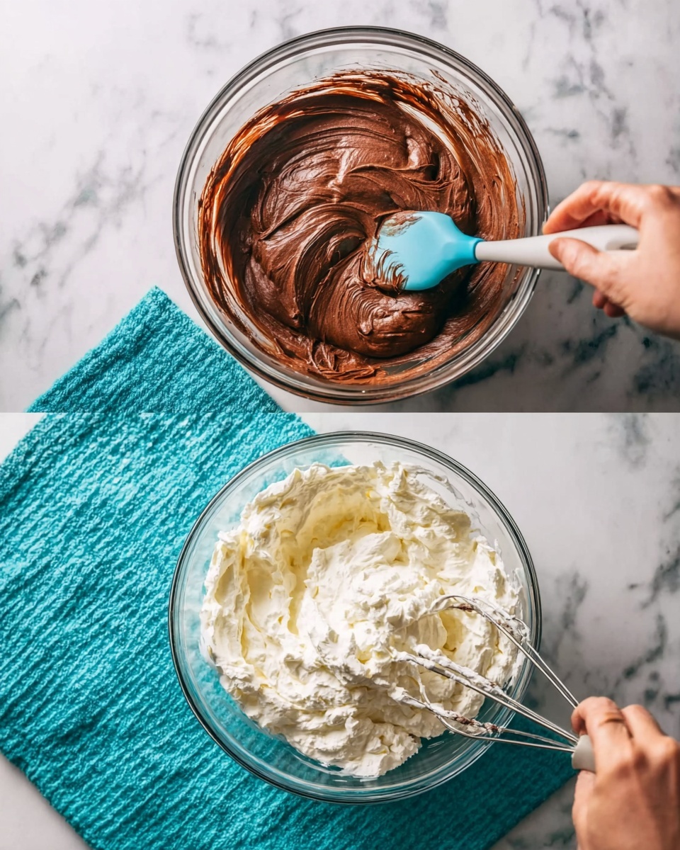 This image shows two large clear glass bowls on a white marbled surface. The bowl on the left contains a thick, smooth, dark brown mixture that looks creamy, being stirred by a woman's hand holding a blue spatula. The bowl on the right holds a fluffy, white whipped cream-like mixture with two beaters from a hand mixer resting inside. Both bowls are placed next to each other on a turquoise cloth. Photo taken with an iphone --ar 4:5 --v 7