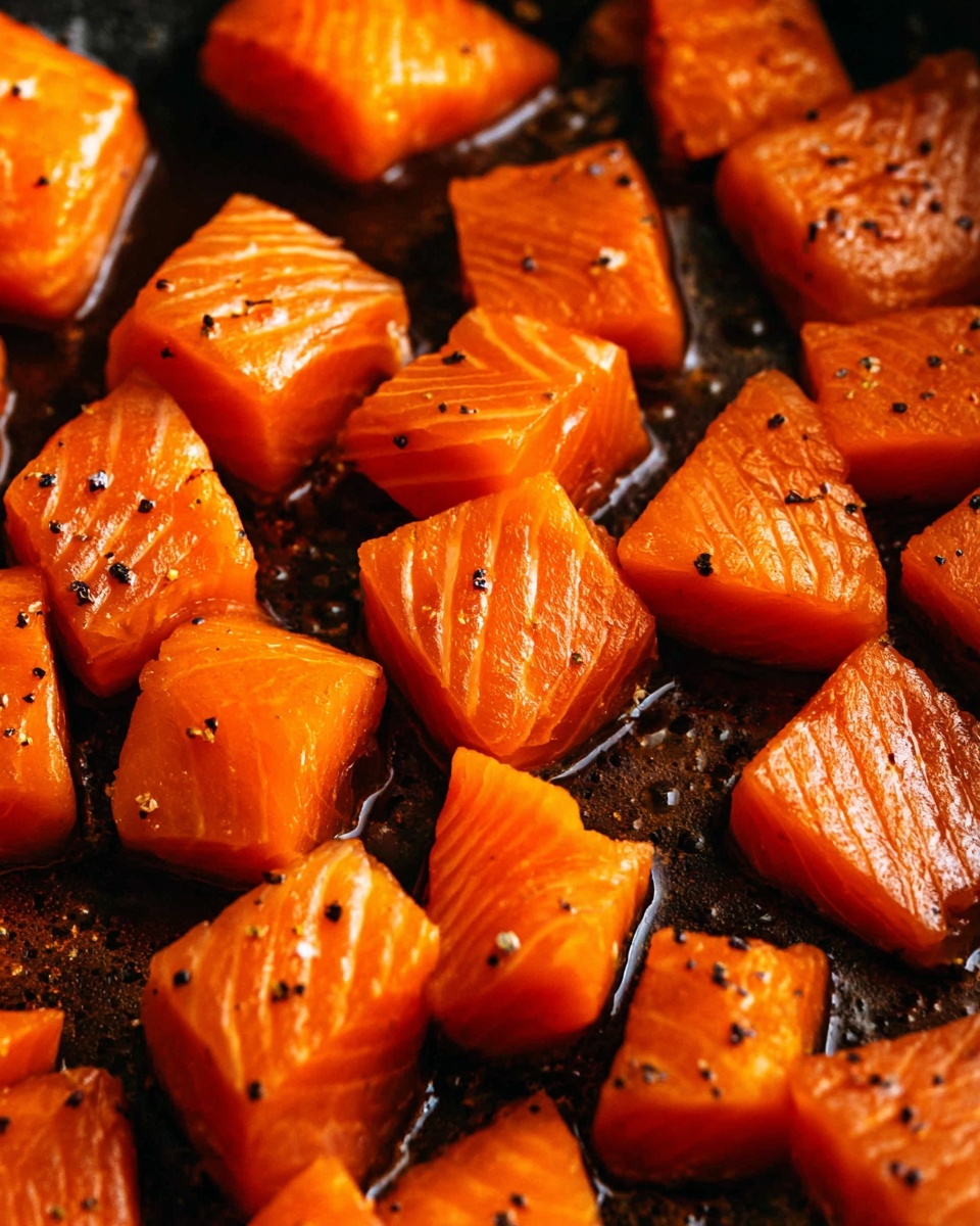The image shows many bright orange salmon pieces cut into cubes, laying close together in a dark pan with a shiny glaze of sauce that reflects the light. Each piece has a mix of smooth and slightly textured surfaces from the fish's natural lines, with some showing bits of skin on the edges. Tiny black pepper specks are scattered evenly on the salmon cubes, adding contrast to their bright orange color. The scene is simple and focused on the salmon cubes with no other items visible. photo taken with an iphone --ar 4:5 --v 7