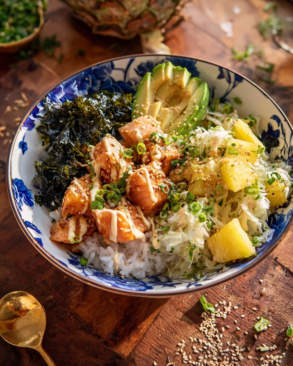 A blue and white patterned bowl sits on a wooden board over a white marbled surface, filled with several layers of food. The base layer is white rice with a soft, fluffy texture. On one side of the bowl, dark green nori seaweed sheets curl around the rice. Next to the seaweed, golden brown cooked fish chunks are placed, covered with a light creamy sauce and sprinkled with white sesame seeds. On another side, there are small yellow cubes with herbs mixed in, giving a fresh look. Bright green sliced avocado pieces sit beside the fish, with thin green onion slices topping the center of the rice. The lighting highlights the warm colors and textures, creating a fresh and vibrant appearance. Photo taken with an iphone --ar 4:5 --v 7