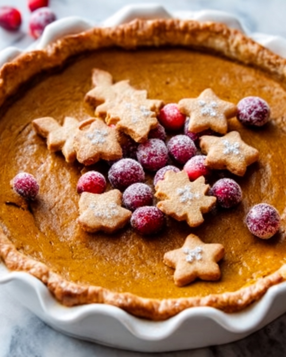 A pumpkin pie with a smooth, deep orange filling inside a golden-brown crust. The pie is topped with several small cookie shapes in light brown, like leaves and stars, placed in the center. Scattered around the cookies are bright red cranberries, some with a light frost-like look. The pie sits in a white pie dish on a white marbled surface. Photo taken with an iphone --ar 4:5 --v 7