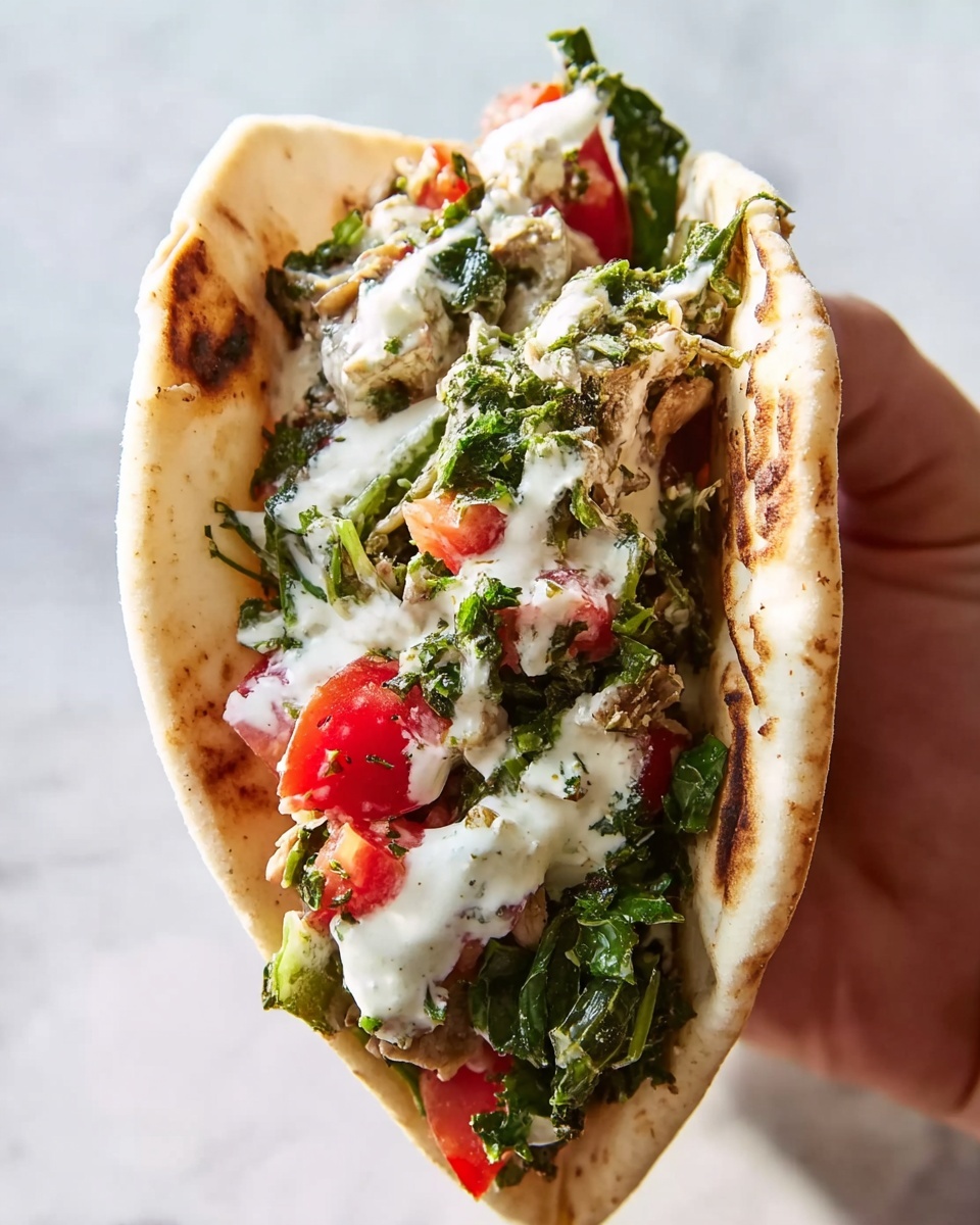 The image shows a close-up of a woman's hand holding a pita sandwich filled with three main layers. The bottom layer is the soft pita bread, which is lightly toasted with some brown spots on the surface. Inside, there is a chunky mix of green leafy vegetables and red tomato pieces, adding fresh and bright colors. On top of the veggies, there is a creamy white sauce drizzled unevenly over the filling, giving a smooth texture contrast. The background is a white marbled surface, creating a clean and bright setting. Photo taken with an iphone --ar 4:5 --v 7