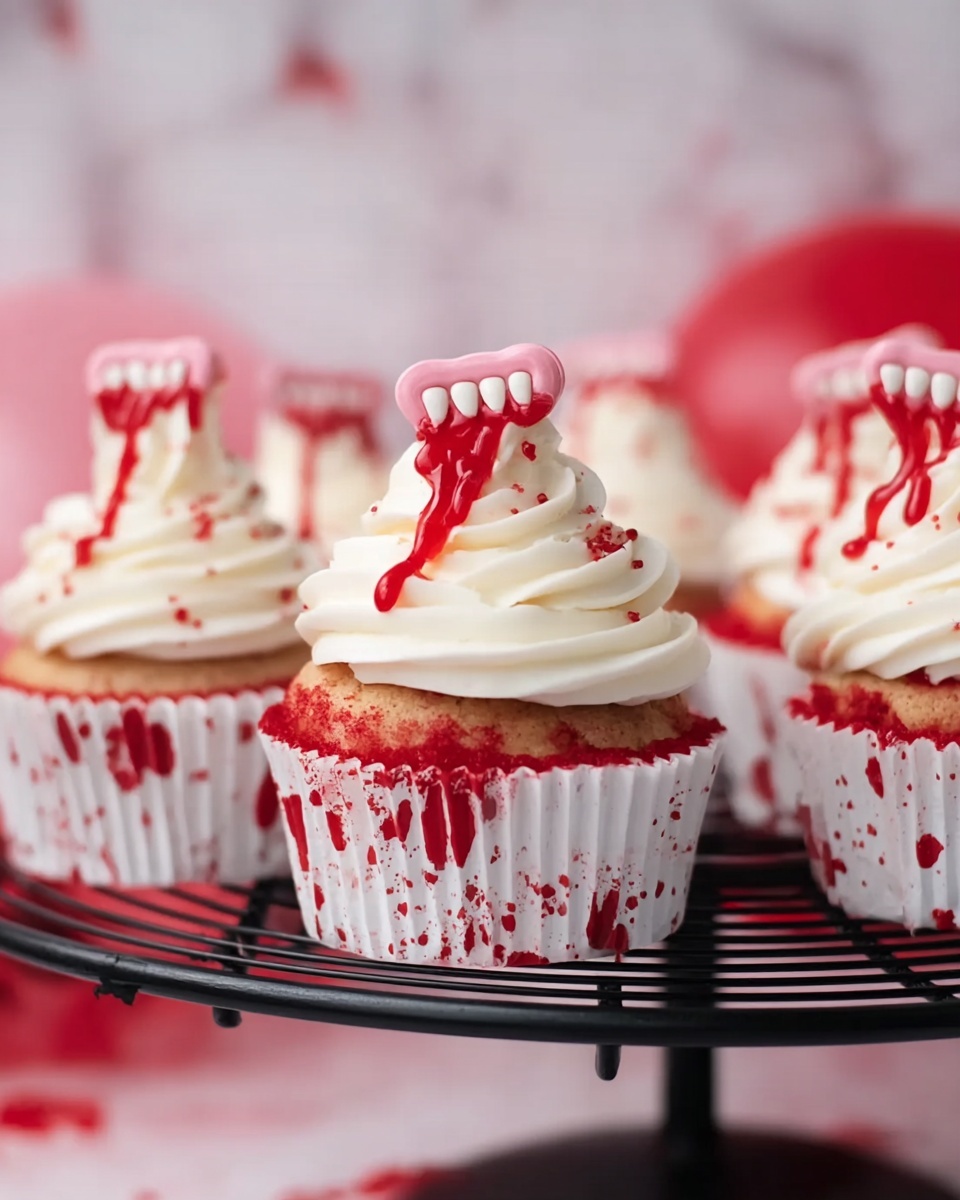 The image shows red velvet cupcakes in white cupcake liners with red splatter patterns. Each cupcake has a light brown cake layer topped with a tall swirl of smooth white frosting. On top of the frosting is a small set of candy teeth with pink gums. Red syrup resembling blood drips down the sides of the frosting and candy teeth. The cupcakes are placed on a black wire rack set on a white marbled surface. In the background, there is a blurry white and pink wall. photo taken with an iphone --ar 4:5 --v 7