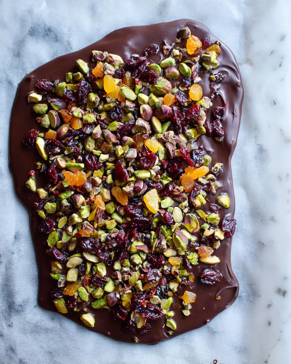 A large, irregularly shaped layer of smooth dark chocolate spread on parchment paper, topped densely with mixed toppings. The toppings include small green pistachios, bright orange and pale yellow candied fruit pieces, and deep red dried cranberries, all spread evenly over the chocolate surface. The background is a white marbled texture. photo taken with an iphone --ar 4:5 --v 7