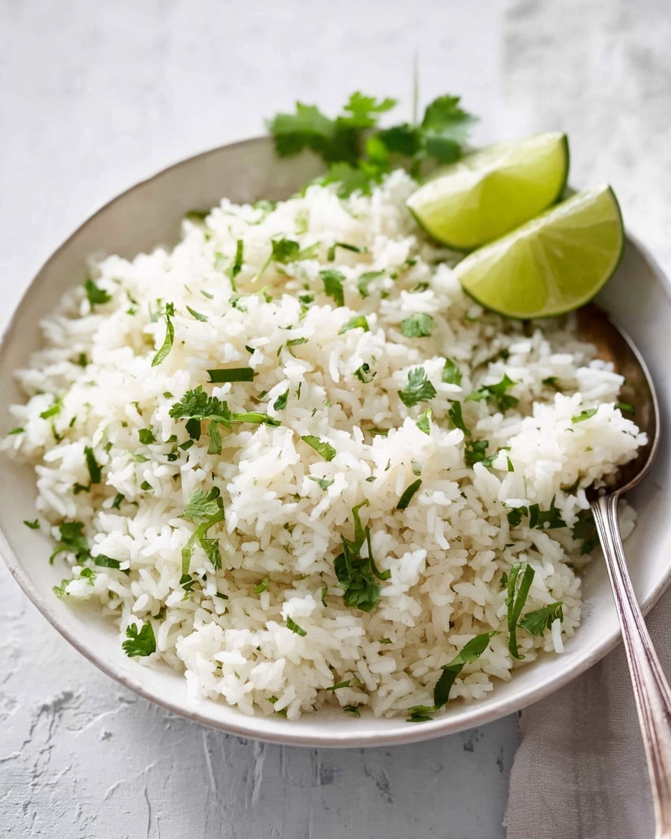 A white bowl filled with a mound of white rice mixed with small pieces of green herbs, likely cilantro, scattered throughout. The rice looks fluffy with each grain separate and soft in texture. On top of the rice, there are a few sprigs of fresh green cilantro for garnish. At the back edge of the bowl, two lime wedges are placed, adding a burst of green color. A spoon is sticking out from the rice, showing a scooped amount balanced on it. The bowl sits on a white marbled surface with a soft light background. photo taken with an iphone --ar 4:5 --v 7