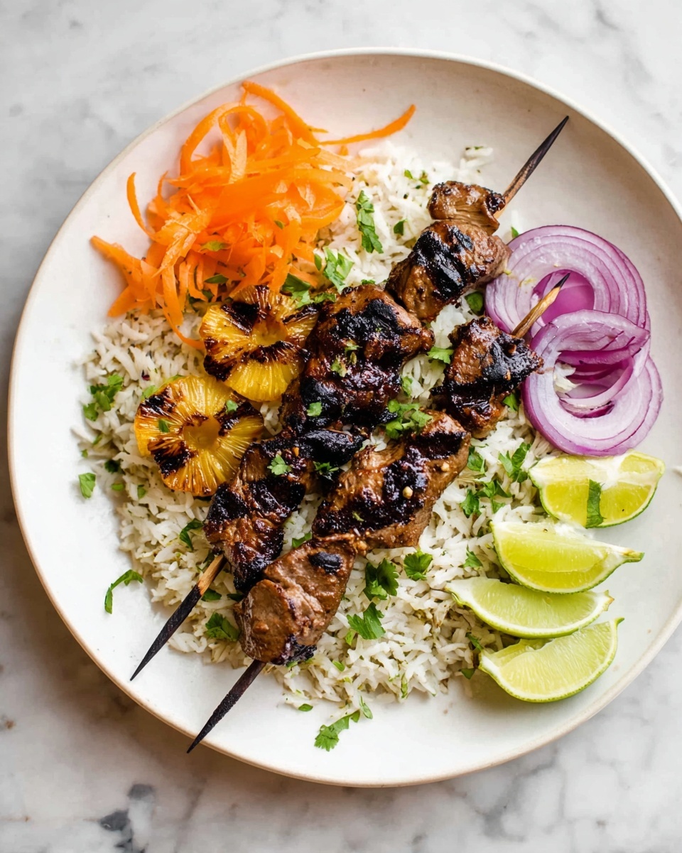 The dish shows two skewers of grilled meat with dark brown char marks placed over a bed of white rice mixed with small green herbs and scattered pieces of grilled pineapple with dark edges. Below the skewers, there is a small pile of thin shredded bright orange carrots, and beside that, thin round slices of purple-red onion. Three lime wedges with bright green skin are arranged neatly on the bottom right of the plate with small green herb leaves scattered around. Everything sits on a clean, round white plate, with a white marbled surface underneath. Photo taken with an iphone --ar 4:5 --v 7