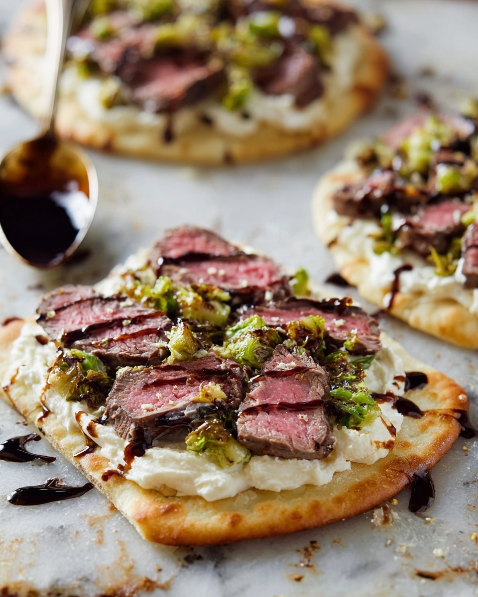The image shows a close-up of a flatbread pizza with three main layers: a thick, light golden crust at the bottom, a creamy white cheese layer spread evenly above it, and on top, dark brown slices of meat scattered with small, bright green roasted Brussels sprouts. A silver spoon held by a woman's hand is dripping a dark, glossy balsamic glaze over the pizza. The setting is on a white marbled surface. photo taken with an iphone --ar 4:5 --v 7